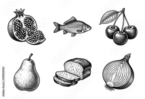 Vintage woodcut style collection of organic food items including pomegranate fish cherries pear bread and onion