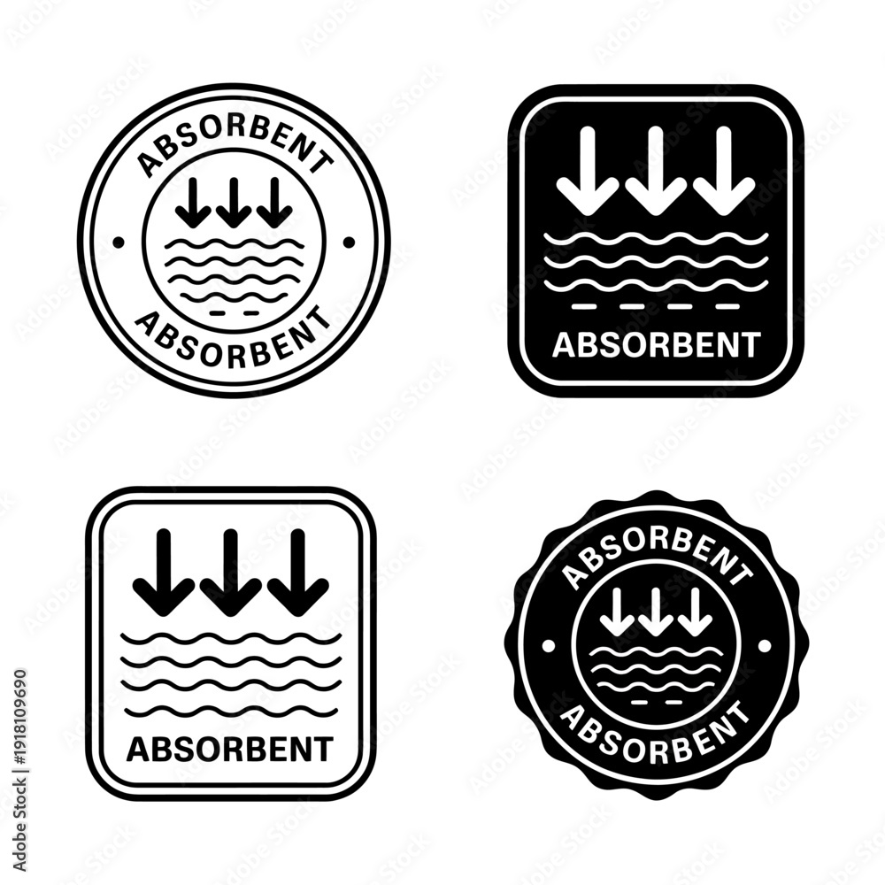 Fototapeta premium Four absorbent signs with arrows pointing down on white background