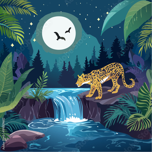 Jaguar at a waterfall under the moonlit night sky with lush jungle foliage