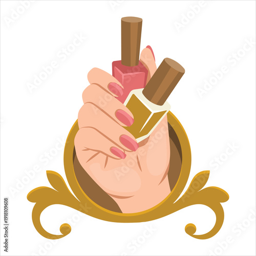 Beautiful hand holding nail polish bottles Vector