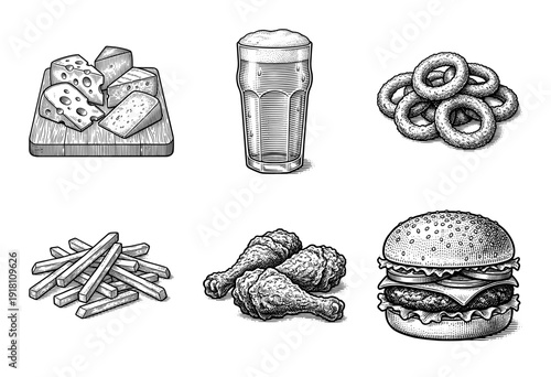 Vintage woodcut style collection of fast food and pub snacks including burger fries beer and cheese
