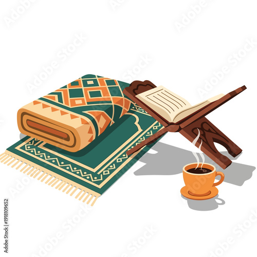 Islamic prayer rug with Quran and coffee, symbol of peace and spiritual devotion