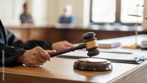 A judge’s hand holds a wooden gavel poised over a sound block in a bright courtroom, representing the official process of rendering legal decisions and maintaining order within the American system.