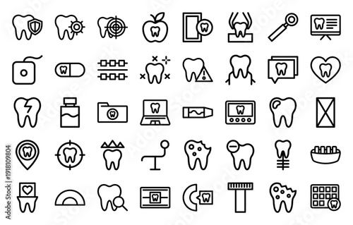 Comprehensive dental healthcare icon collection. Heavyweight vector pictograms of molars, braces, implants, x-ray, floss, and drill in a thick outline style.