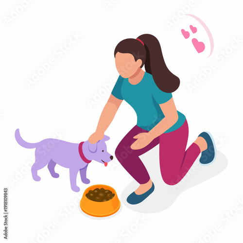 A woman kneeling down to pet a purple dog eating from a bowl