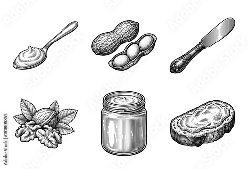 Vintage engraving style illustration set of peanut butter jars, whole peanuts, walnuts, and a spread sandwich on a white background.