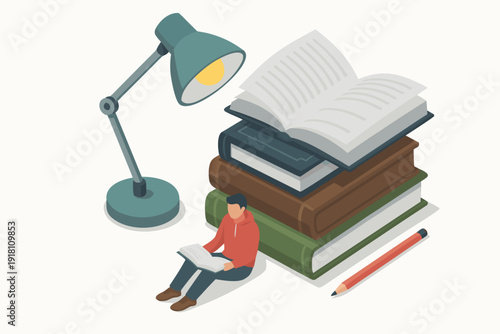 A person sitting with a stack of books and a desk lamp