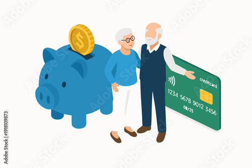 An elderly couple standing with a piggy bank and credit card