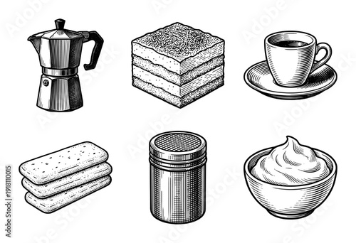 Vintage woodcut style illustration set of tiramisu ingredients including coffee moka pot espresso cup ladyfingers and mascarpone cream