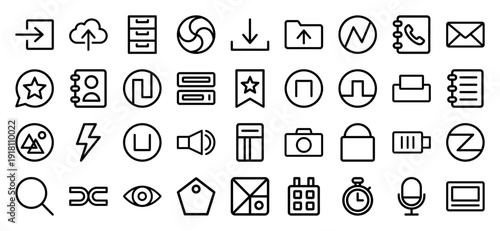 Business and interface icon collection. Heavyweight vector pictograms of a calendar, camera, envelope, folder, microphone, padlock, and battery, thick outline style.