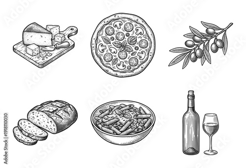 Set of Italian cuisine icons including pizza, pasta, cheese, bread, wine, and olive branch in a hand-drawn vintage engraving style.