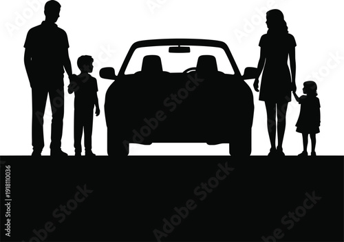 Silhouette family of four standing together around convertible car vector illustration, parents holding children hands travel concept isolated background