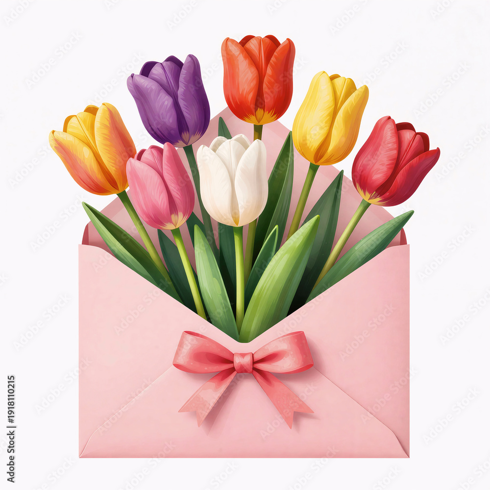 Fototapeta premium bouquet of spring flowers, tulips in a letter envelope on a white background, international Women's Day, birthday, vector graphics, artificial intelligence generator, AI, neural network image. backgro