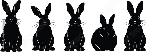 Black silhouette collection of cute rabbits and bunnies with long ears isolated on white background for easter and animal design