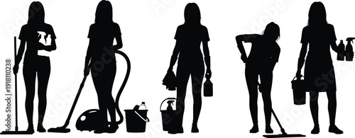 Black silhouette collection of professional cleaning service women with vacuum mops and buckets isolated on white background for housekeeping business