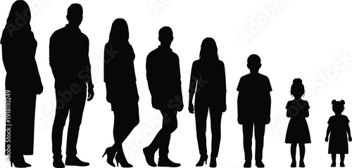 Silhouettes of eight individuals arranged by height representing age stages, growth, and family development for demographic vector design content