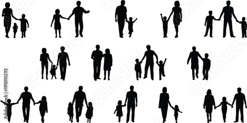 Silhouette of diverse family groups vector illustration, parents and children holding hands walking together unity bonding relationship concept isolated background