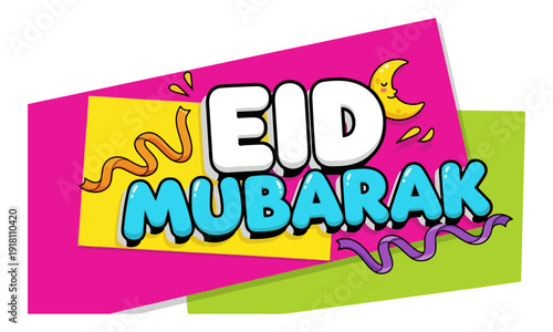 Colorful Eid Mubarak Greeting Card with Comic Style Typography