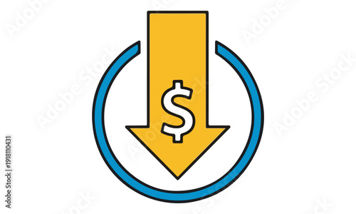 Dollar Sign on Yellow Arrow Pointing Down Financial Icon