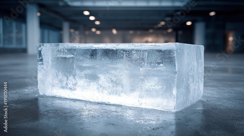 Frozen Block of Ice: A captivating shot of a crystalline ice block, glistening in a contemporary interior, highlighting the raw essence and the natural purity.