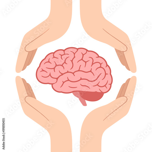 Hands protecting a brain with care and support for health and wellness