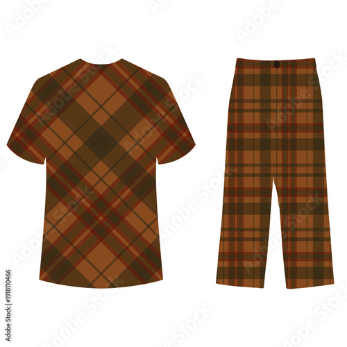 Brown Plaid Shirt and Trousers Set, Checkered Pattern, Casual Wear
