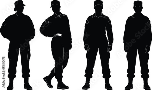 Silhouettes of four military personnel in uniform standing in varied poses representing armed forces, defense, and vector design content