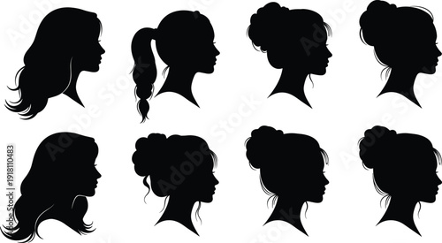 Silhouettes of female profiles with diverse hairstyles including ponytails, buns, and wavy hair for fashion, beauty, and vector design content
