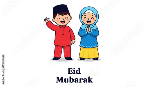 Cute Muslim Boy and Girl Cartoon Characters Wishing Eid Mubarak