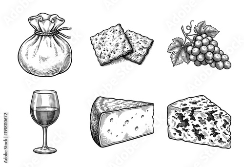Vintage woodcut style collection of wine and cheese appetizers featuring grapes crackers and a rustic pouch