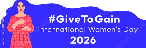 Give to Gain campaign pose. International Women's Day 2026. Beautiful woman demonstrates open palms giving gesture, with hand on her heart to show generosity, collaboration and support for all women