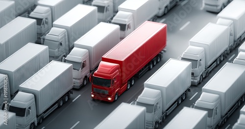 A red semi-truck stands out amid rows of white trucks on a road