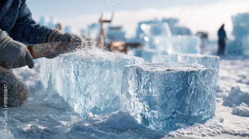 Ice Sculptor at Work: A skilled artisan meticulously carves intricate details into a pristine block of ice, showcasing a frozen masterpiece of dedication and artistry. 