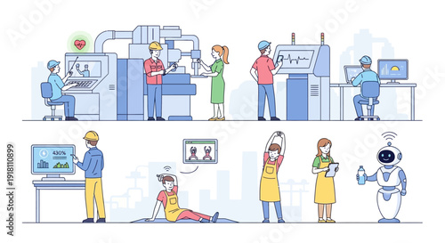 Medical Professionals and Robot in Hospital Setting.