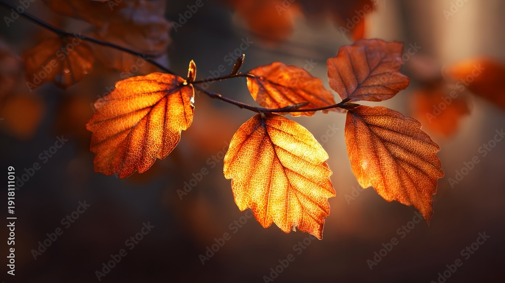 Obraz premium Vibrant Autumn Leaves Illuminated by Golden Sunlight in a Forest.