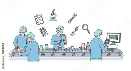 Scientists in lab coats working together.