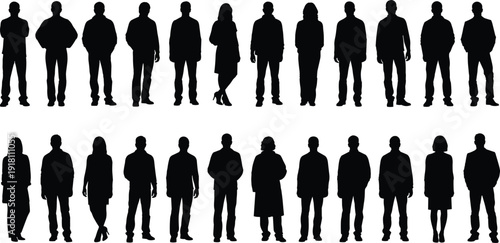 Silhouettes of twenty people standing in uniform rows representing diversity, anonymity, and statistical visualization for vector design content