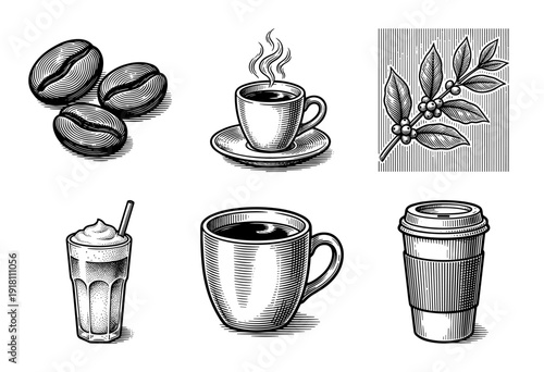 Vintage woodcut style coffee collection featuring roasted beans, espresso cup, coffee branch, iced latte, mug, and takeaway paper cup in black and white engraving.