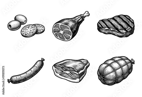 Vintage woodcut style collection of assorted meat products featuring steak, ham, sausage, and salami slices in a hand drawn engraving aesthetic.
