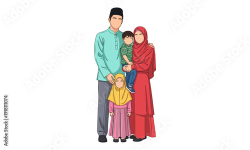 Faceless Illustration of a Muslim Family in Traditional Attire