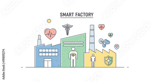 Smart Factory Illustration with Industrial Buildings and Icons.