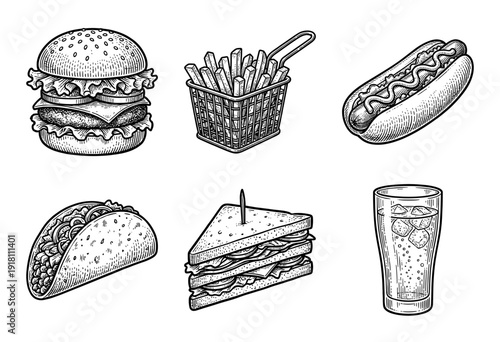 Vintage hand drawn engraving style fast food collection featuring burger fries hot dog taco sandwich and soda drink illustrations