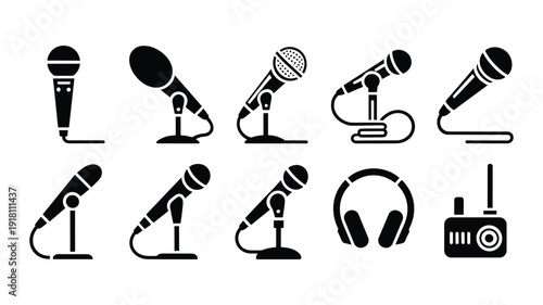 Collection of keywords: black microphone on white background with headphones and radio audio sound recording
