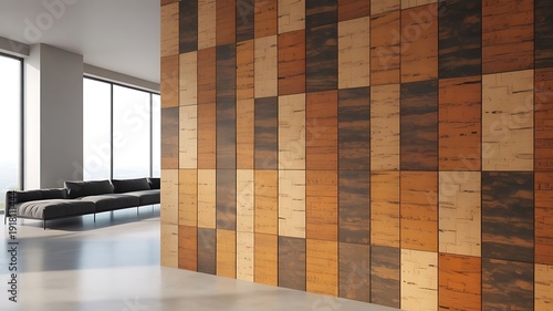 Modern Interior Design with Textured Cork Wall and Contemporary Sofa