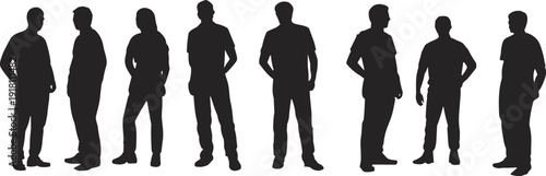 Silhouette of eight standing people in casual stances vector illustration, group posture human figures design concept isolated on white background
