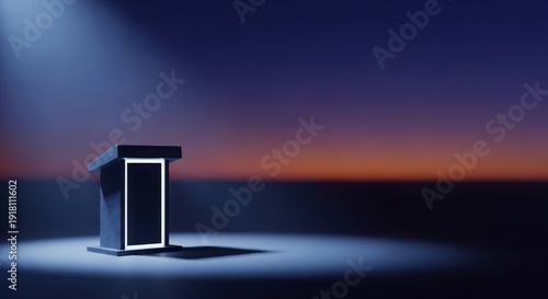 Modern podium standing alone in dark space with spotlight and gradient sky