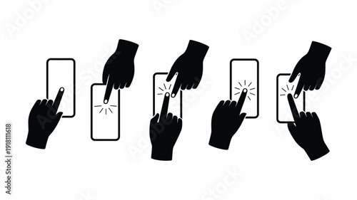 Keywords: Black silhouette hands interacting with smartphone screens showing touch gestures and clicks