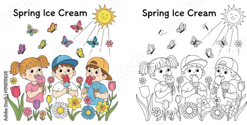 Kids Enjoying Spring Ice Cream and Popsicles with Flowers and Butterflies - Coloring Page
