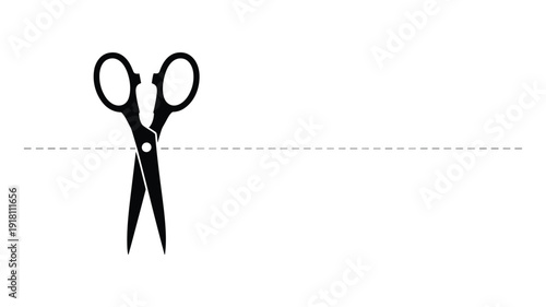 Keywords: Black silhouette of scissors cutting a dashed line on a white background