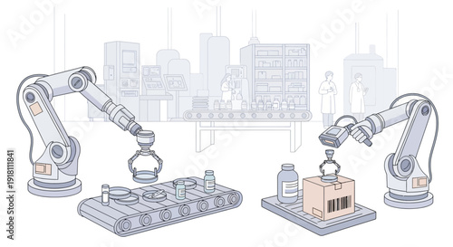 Industrial Robots Assembling Mechanical Parts.